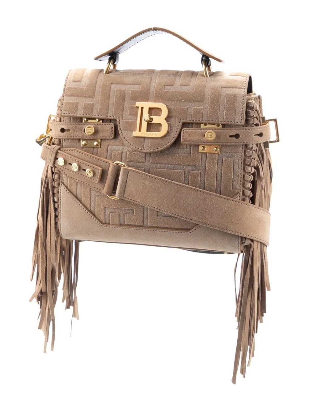 Balmain Taupe Suede Fringed Top Handle Satchel with Gold BB Hardware! Excellent